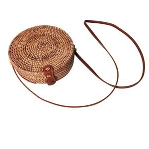 Round Woven Rattan Natural Brown Crossbody Bag Basket Purse